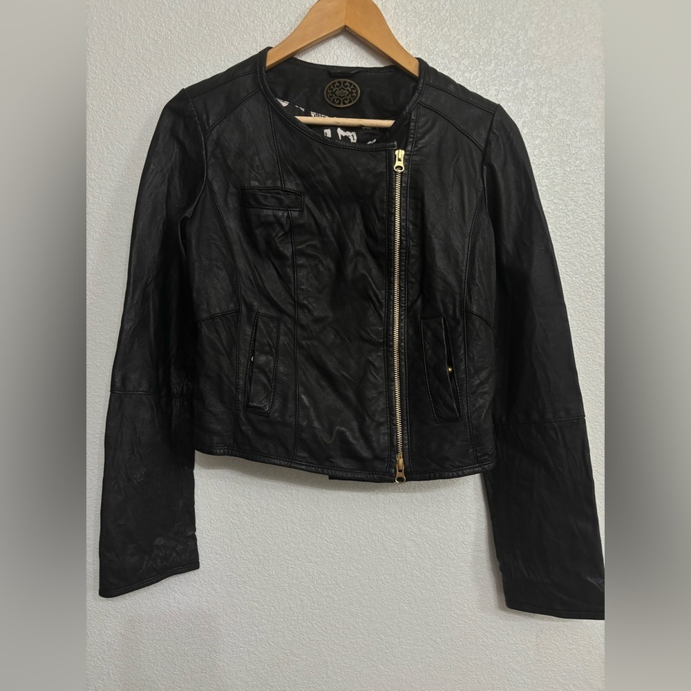 Anthropologie Idra Black Leather Moto Jacket Gold Zip Cropped Biker Edgy Chic - Picture 6 of 14